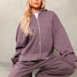 Dark Grey Premium Washed Tonal Print Zip Up Boxy Hoodie