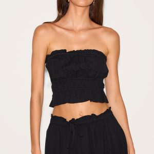 Black Linen Look Shirred Bandeau Top