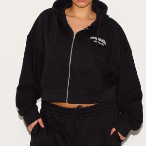 PRETTYLITTLETHING Plus Black Printed Premium Zip Front Hoodie