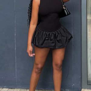 Black Rib Puff Ball Hem Bodycon Dress
