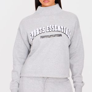 PRETTYLITTLETHING Grey Marl Borg Sports Essentials High Neck Sweatshirt