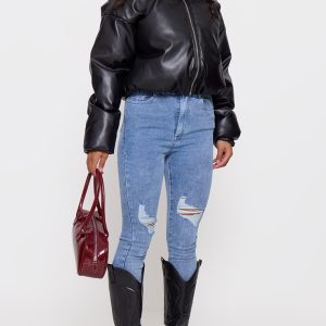 PRETTYLITTLETHING Vintage Wash Knee Rip 5 Pocket Skinny Jeans