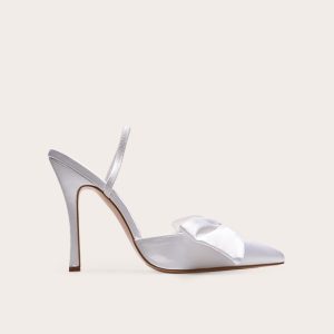 White Satin Point Toe Bow Detail Sling Back Heeled Courts