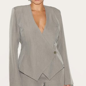 Plus Mushroom Tailored Cinched Woven Asymmetric Blazer