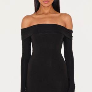 Black Cotton Bardot Fold Over Mini Dress