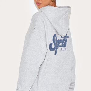Ash Grey Oversized Sports Borg Applique Hoodie