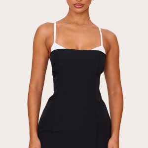 Petite Black Contrast Strappy Woven Mini Dress