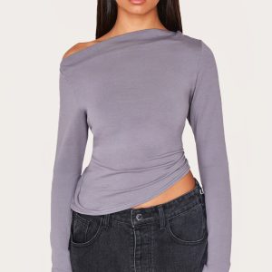 Charcoal Cotton Asymmetric Shoulder Long Top