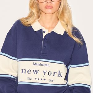 Navy Premium Contrast Collar New York Embroidered Sweatshirt