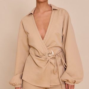 Sand Woven Tie Front Gold Hardware Detail Shirt