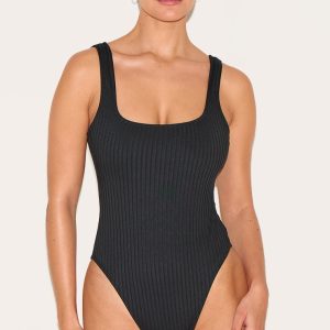 Black Textured Stripe Scoop Swimsuit