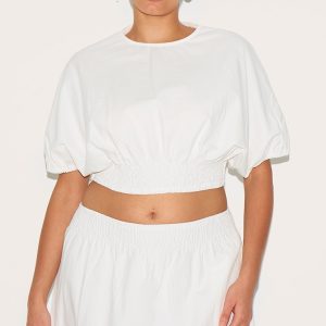 Plus White Shirred Waist Cap Sleeve Crop Top