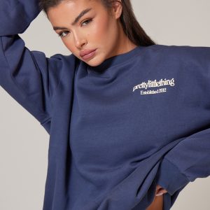PRETTYLITTLETHING Navy Premium Print Oversized Sweatshirt