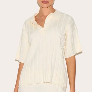 Cream Rib Knit Oversized Polo Top