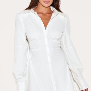 White Structured Ruched Detail Long Sleeve Shirt Dress