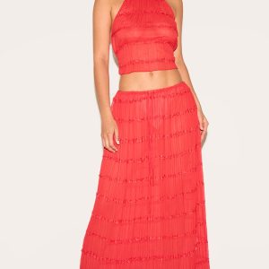 Tomato Chiffon Ruched Frill Detail Tiered Maxi Skirt