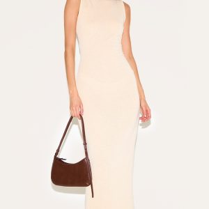 Almond Textured Boat Neck Sleeveless Maxi Dress - Almond, 6