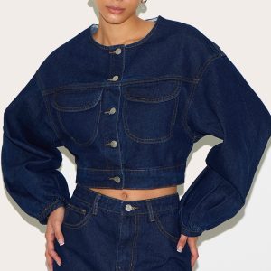 Indigo Round Neck Crop Denim Jacket