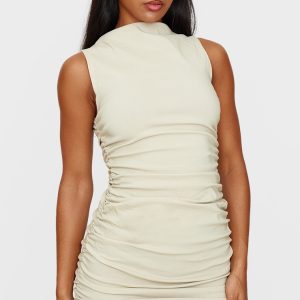 Stone High Neck Ruched Bodycon Dress - Stone, 6