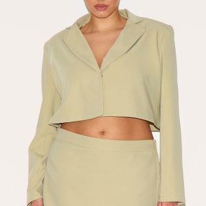 Plus Sage Green Tailored Woven Boxy Cropped Bow Detail Blazer