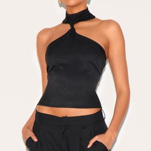 Black Halterneck Detail Long Top
