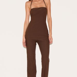 Chocolate Woven Thin Halter Overlay Detail Jumpsuit