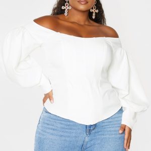 Plus White Bardot Balloon Sleeve Corset Top