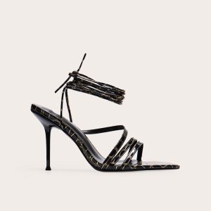 Black Contrast Croc Pu Point Toe Lace Up Heeled Sandals