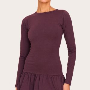Plum Cotton Long Sleeve Tiered Shift Dress