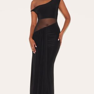 Black Slinky Asymmetric Mesh Cut Out Maxi Dress