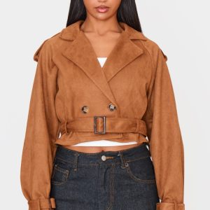 Tan Cropped Faux Suede Belted Trench Coat