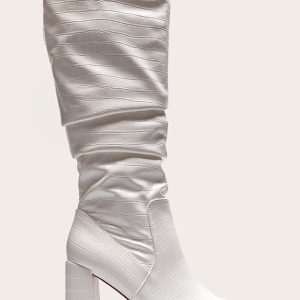 White Pu Croc Round Toe Ruched Knee High Block Heeled Boots