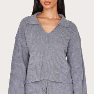 Petite Charcoal Knitted Open Collar Jumper