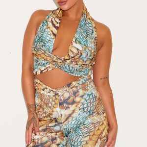 Plus Multi Abstract Snake Print Double Layer Slinky Twist Crop Top