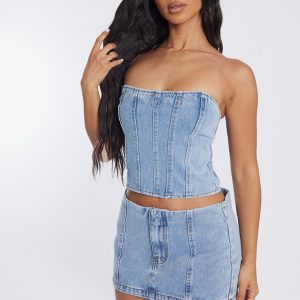 Petite Light Blue Wash Bandeau Denim Corset Top