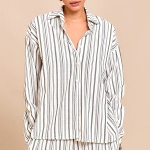 Khaki Striped Oversized Long Sleeve Shirt