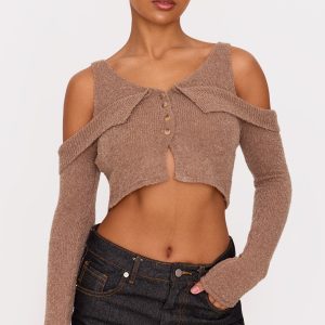 Taupe Boucle Knit Cold Shoulder Button Up Top