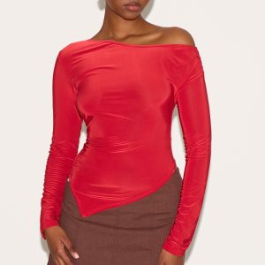 Red Soft Touch Asymmetric Ruched Long Sleeve Top