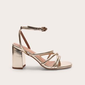 Gold Metallic Pu Round Toe Multi Strap Block Heeled Sandals