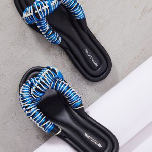 Black Real Leather Round Toe Padded Contrast Strap Pearl Detail Sandals