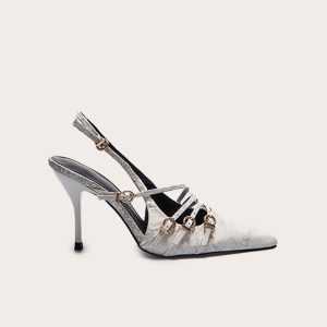 White Cracked Pu Point Toe Multi Buckle Low Heeled Court Shoes