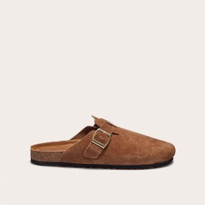 Tan Real Suede Leather Round Toe Buckle Slip On Clog