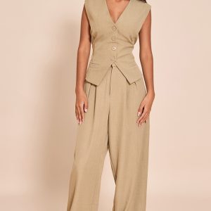 Petite Taupe Tailored High Waist Wide Leg Trousers