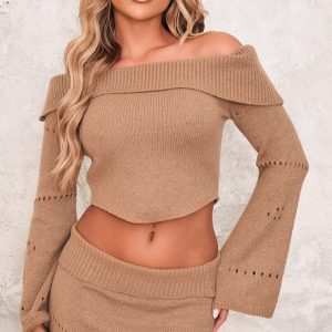 Chocolate Fold Over Bardot Knit Long Sleeve Top