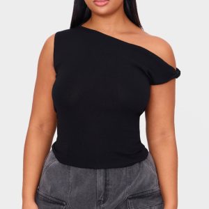 Plus Black Fine Knit Twist Neck Vest Top
