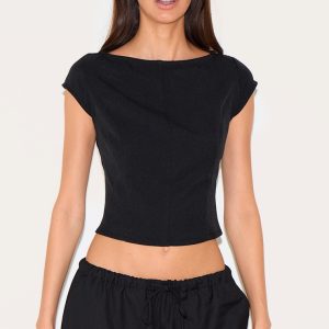 Black Woven Boatneck Top