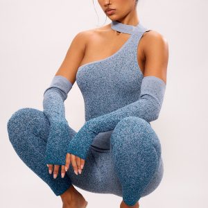 Teal Marl Knit High Neck Cut Out Drape Bodysuit With Sleeves