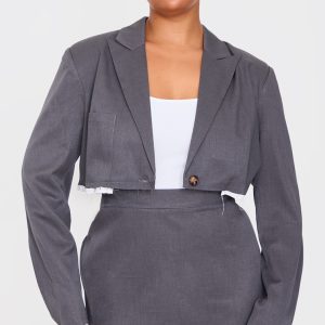 Plus Grey Contrast Binding Cropped Blazer