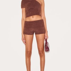 Chocolate Fluffy Textured Fold Over Hot Pants