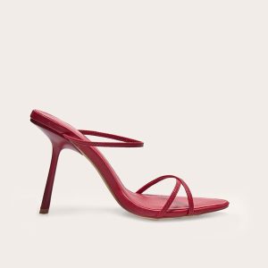 Burgundy PU Round Toe Triple Strap High Stiletto Heeled Mules